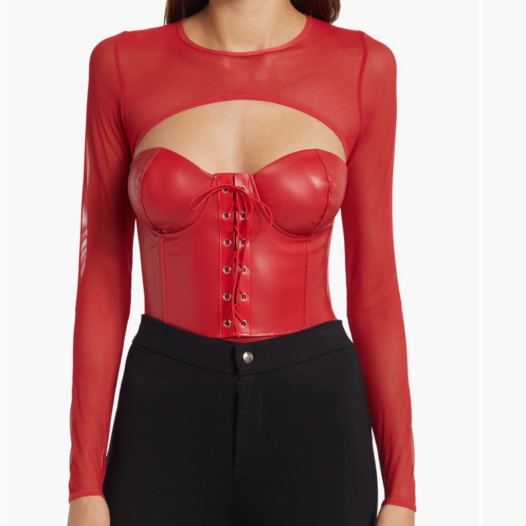 Secret Lace Red Mesh Long Sleeve Bodysuit